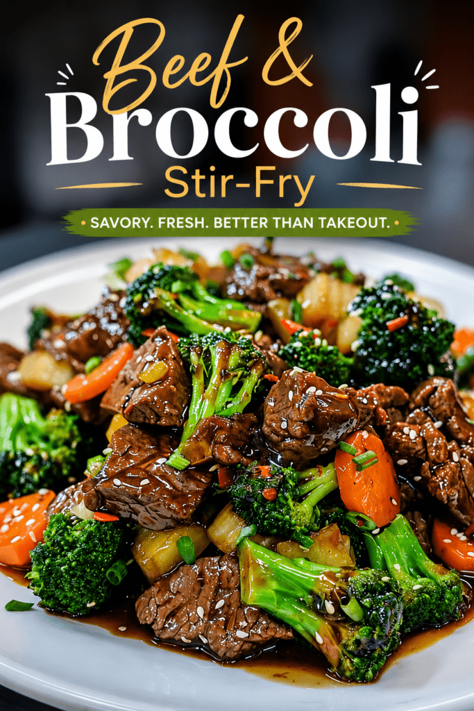 A hot beef and broccoli stir-fry served in a bowl with tender sliced beef, bright green broccoli florets, carrots, onion, glossy soy oyster sauce, sesame seeds, and chopped green onions.