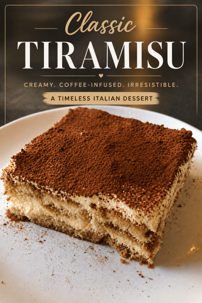 A classic tiramisu slice served on a plate with creamy mascarpone layers, coffee-soaked ladyfingers, a thick dusting of cocoa powder, and dark chocolate shavings.
