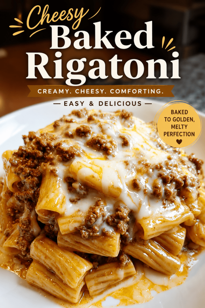 A hot bowl of cheesy beef rigatoni pasta coated in creamy tomato beef sauce with melted mozzarella, cheddar, parmesan, black pepper, and fresh parsley.