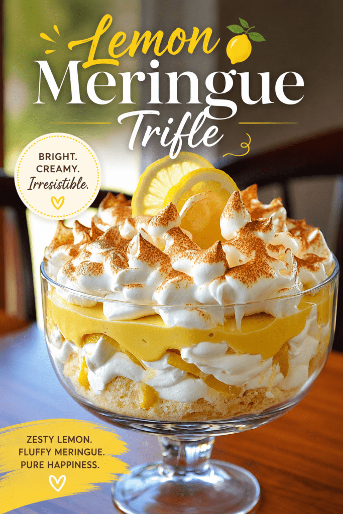 A large glass trifle bowl filled with layers of vanilla sponge cake, silky lemon cream, whipped cream, and golden toasted meringue, decorated with lemon slices and fresh lemon zest.