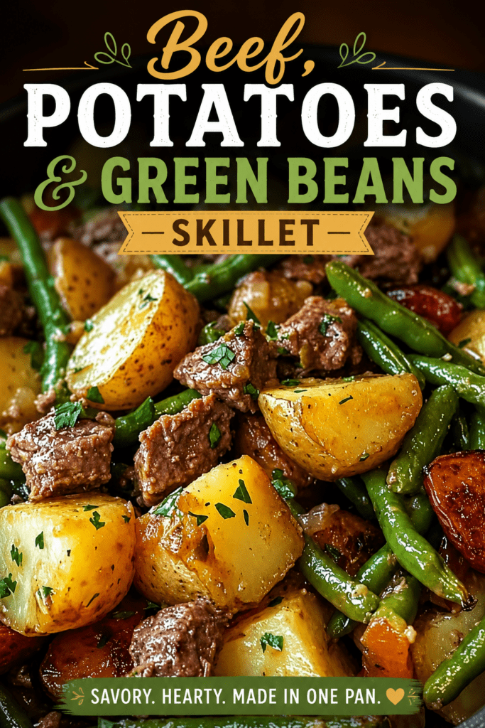 A rustic skillet filled with juicy garlic butter steak bites, golden baby potatoes, green beans, smoked sausage slices, fresh parsley, and a glossy buttery garlic sauce.