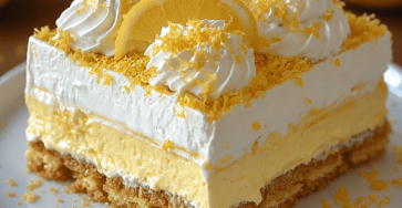 Lemon cream dessert bars sliced into squares with a buttery biscuit crust, smooth lemon custard layer, fluffy whipped cream topping, fresh lemon zest, and thin lemon slices.