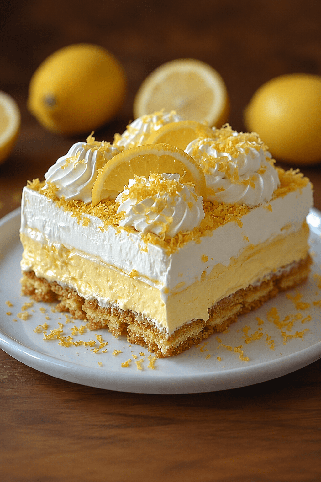 Lemon cream dessert bars sliced into squares with a buttery biscuit crust, smooth lemon custard layer, fluffy whipped cream topping, fresh lemon zest, and thin lemon slices.