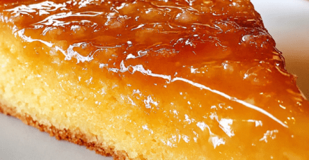 A moist orange marmalade semolina cake sliced on a plate with a glossy citrus topping, golden crumb, orange zest, and a soft syrup-soaked texture.
