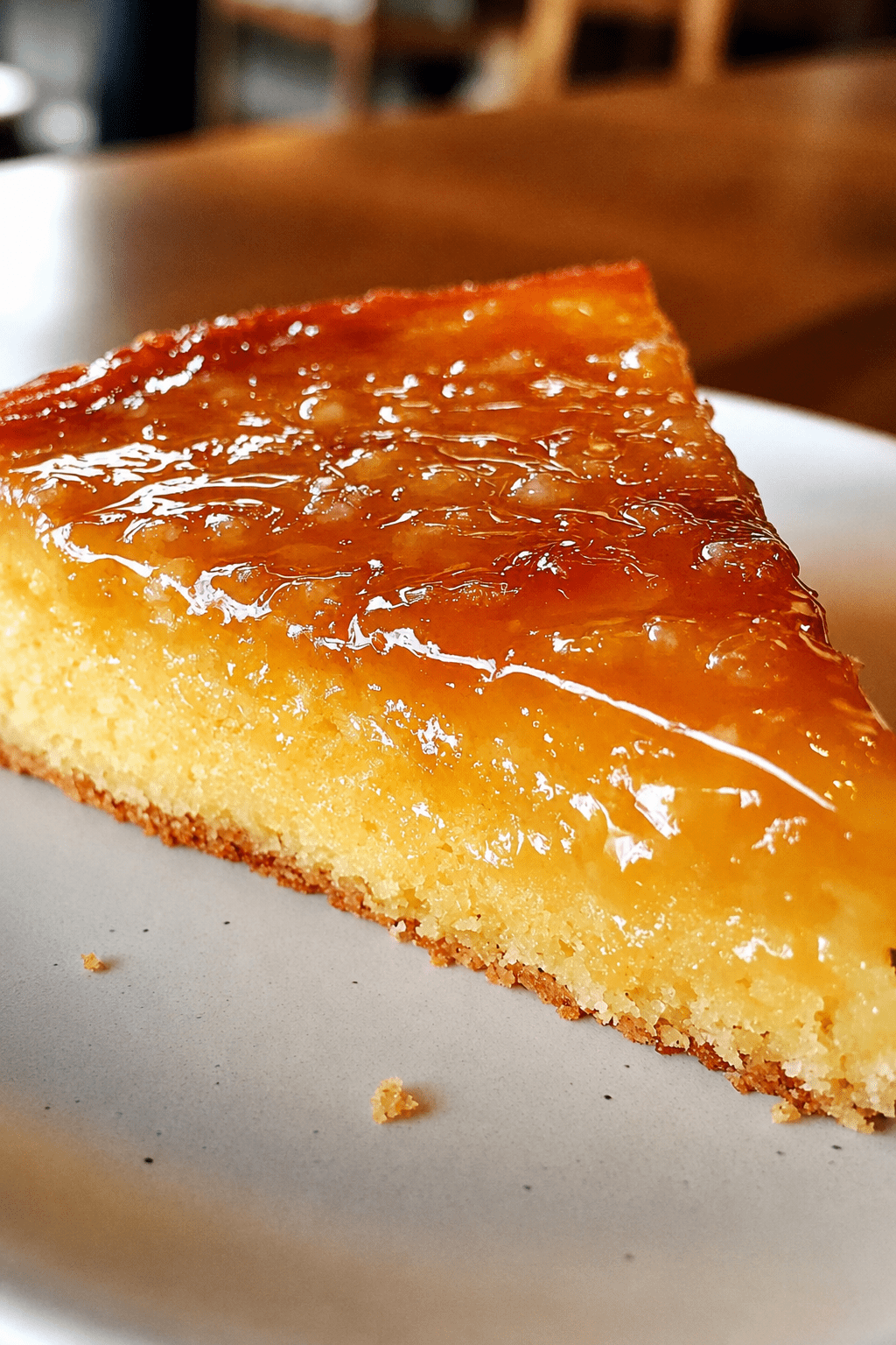 A moist orange marmalade semolina cake sliced on a plate with a glossy citrus topping, golden crumb, orange zest, and a soft syrup-soaked texture.