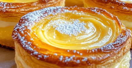 Golden lemon custard puff pastry tarts filled with smooth citrus custard, crisp flaky edges, powdered sugar, fresh lemon zest, and glossy lemon curd topping.