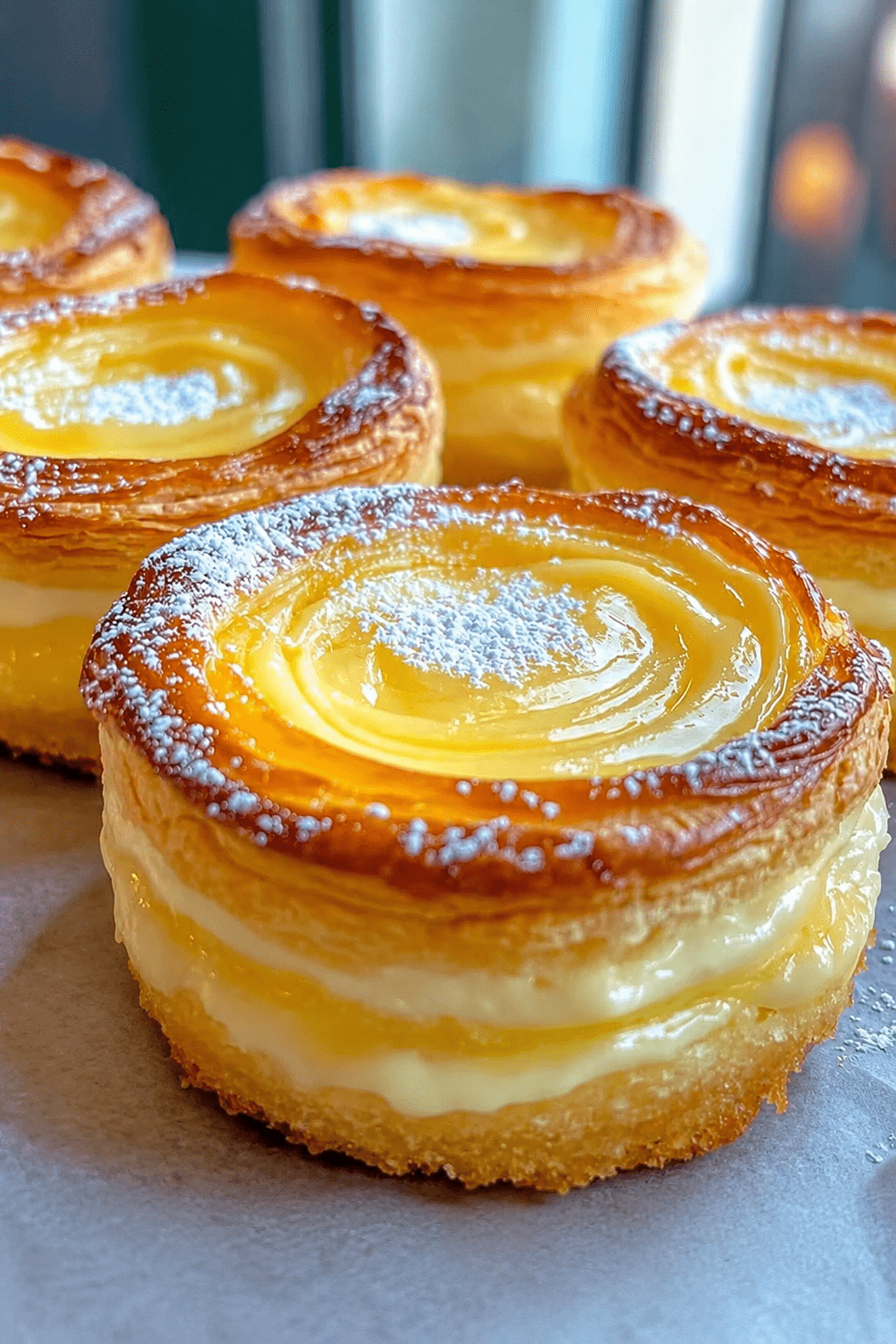 Golden lemon custard puff pastry tarts filled with smooth citrus custard, crisp flaky edges, powdered sugar, fresh lemon zest, and glossy lemon curd topping.
