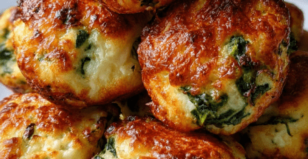 Golden cheesy spinach egg bites baked in a muffin pan with fluffy eggs, melted mozzarella, crumbled feta, chopped spinach, garlic, and fresh parsley.
