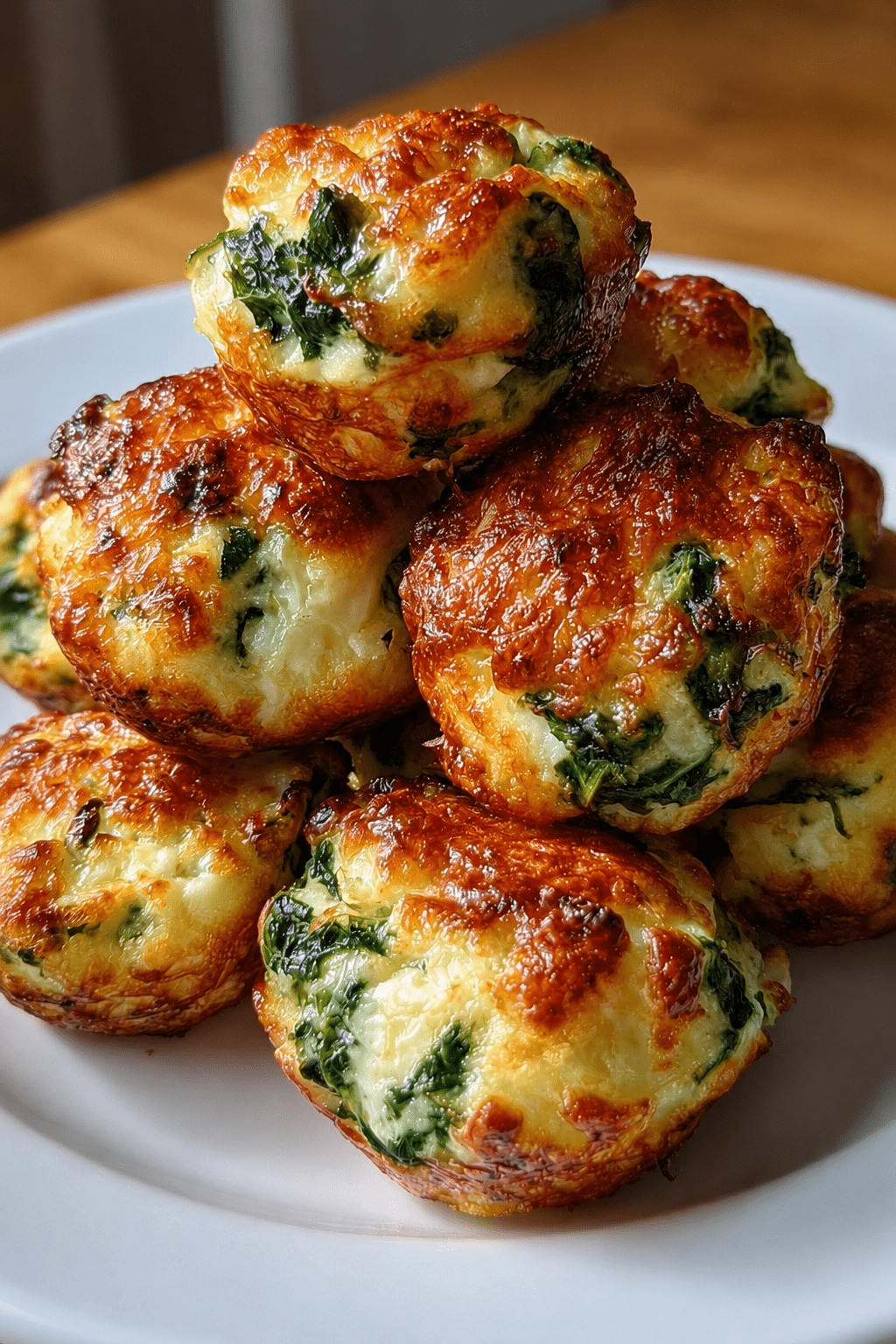 Golden cheesy spinach egg bites baked in a muffin pan with fluffy eggs, melted mozzarella, crumbled feta, chopped spinach, garlic, and fresh parsley.