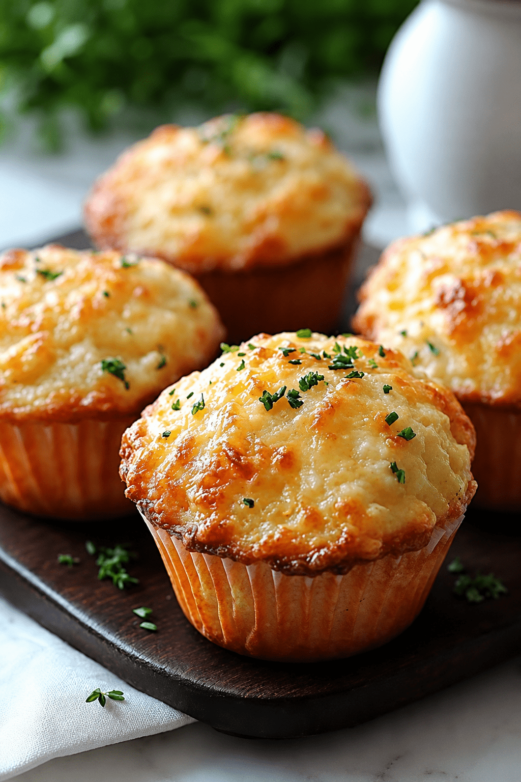 Golden cheesy savory muffins served warm with melted mozzarella, cheddar, parmesan, fresh parsley, chives, and a soft fluffy crumb inside.