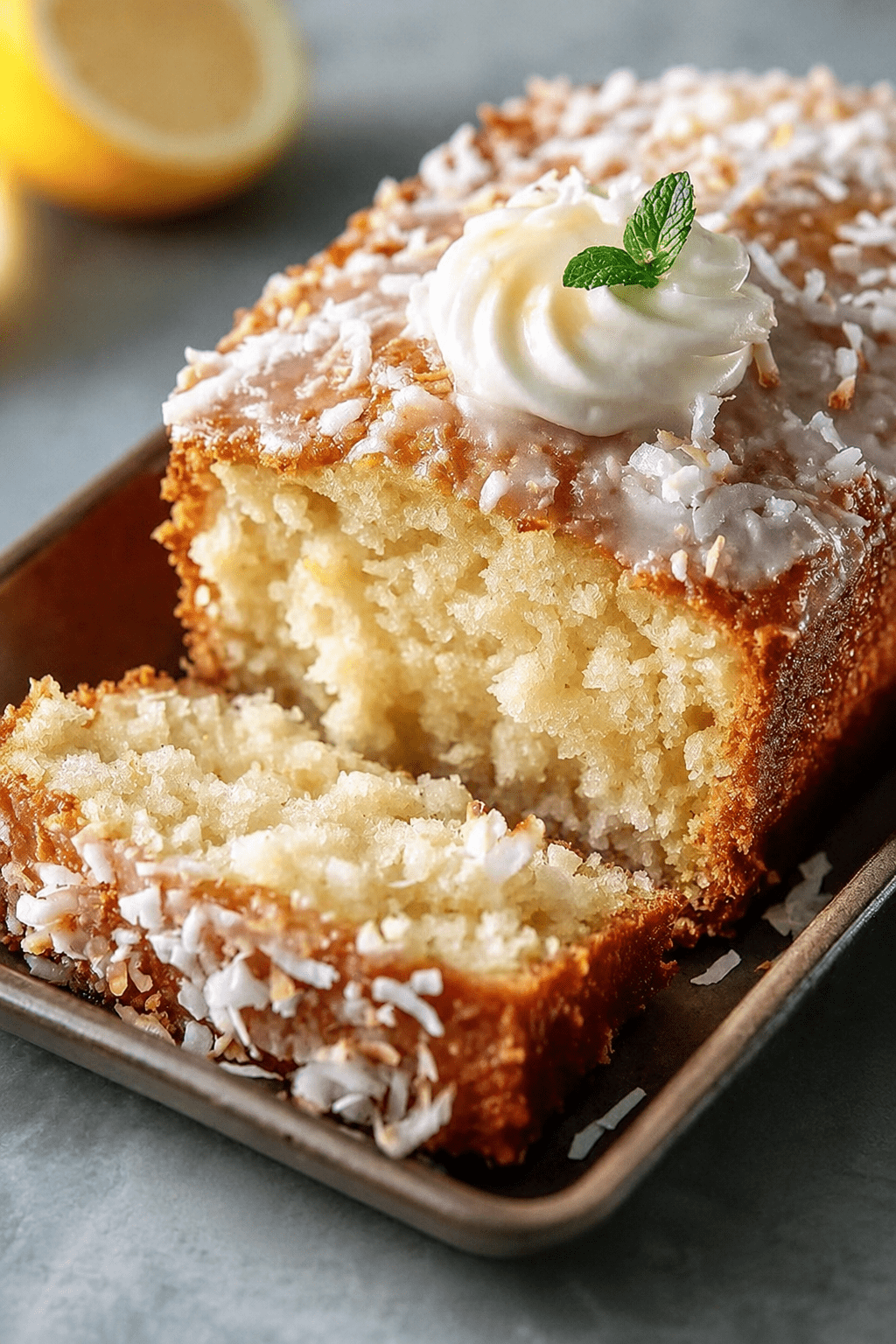 A moist coconut loaf cake sliced on a plate with creamy white glaze, shredded coconut topping, soft tender crumb, whipped cream, and fresh mint garnish.