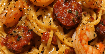 A creamy shrimp and sausage spaghetti dish served hot with tender pink shrimp, browned smoked sausage slices, parmesan cream sauce, fresh parsley, black pepper, and lemon.