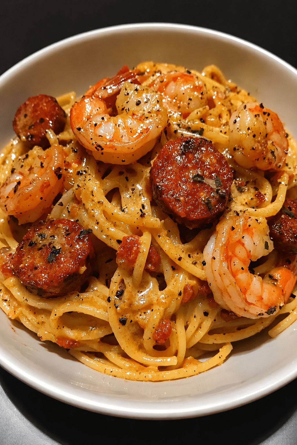 A creamy shrimp and sausage spaghetti dish served hot with tender pink shrimp, browned smoked sausage slices, parmesan cream sauce, fresh parsley, black pepper, and lemon.