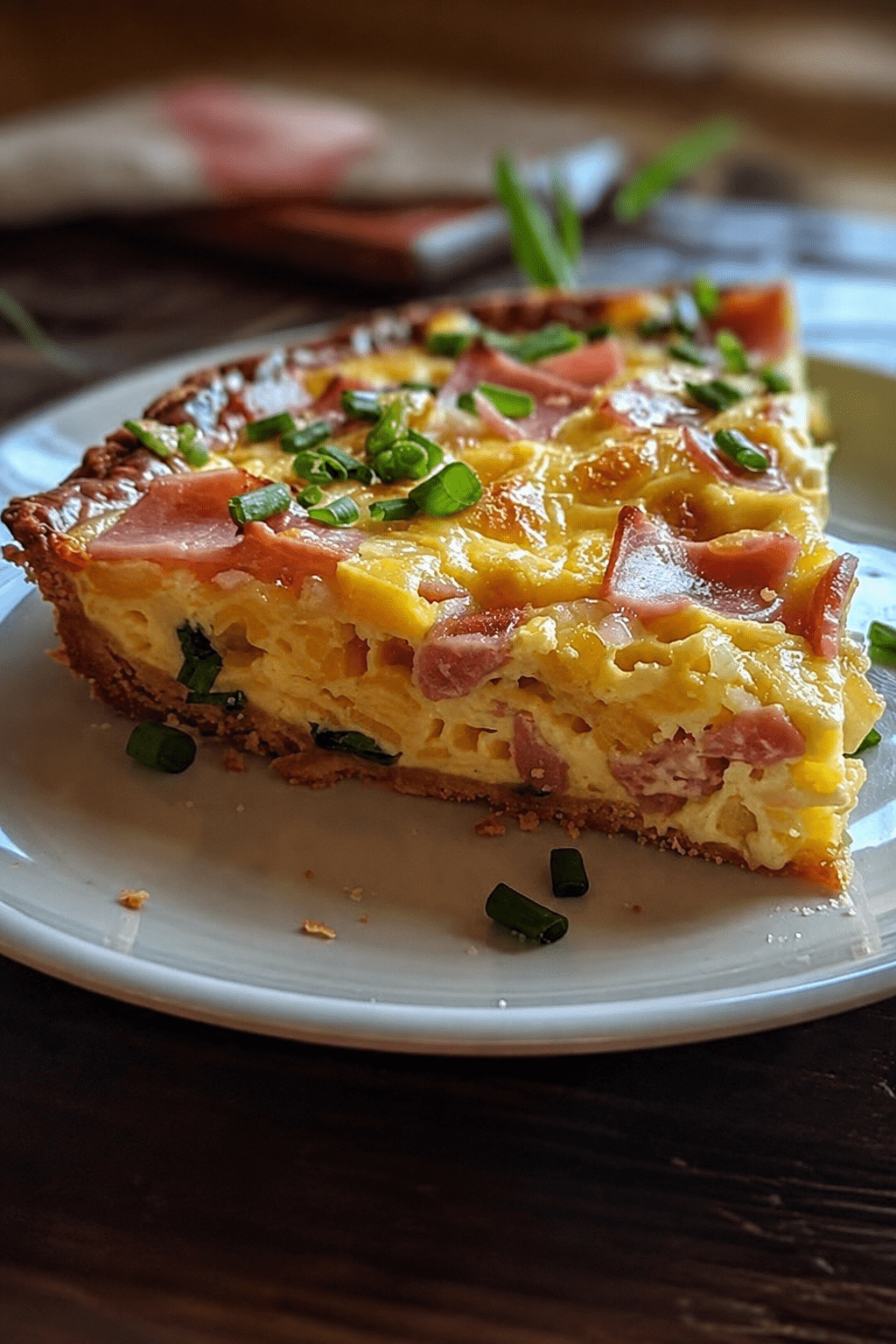 A golden ham and cheese quiche sliced on a plate with creamy egg filling, diced ham, melted cheese, fresh chives, flaky crust, and black pepper on top.