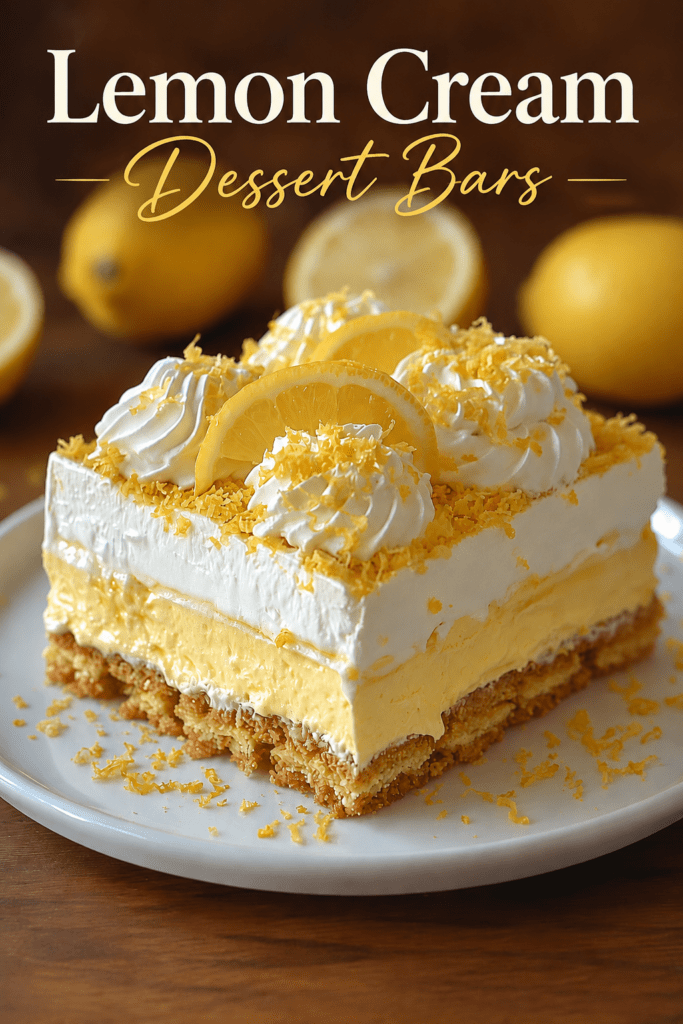 Lemon cream dessert bars sliced into squares with a buttery biscuit crust, smooth lemon custard layer, fluffy whipped cream topping, fresh lemon zest, and thin lemon slices.