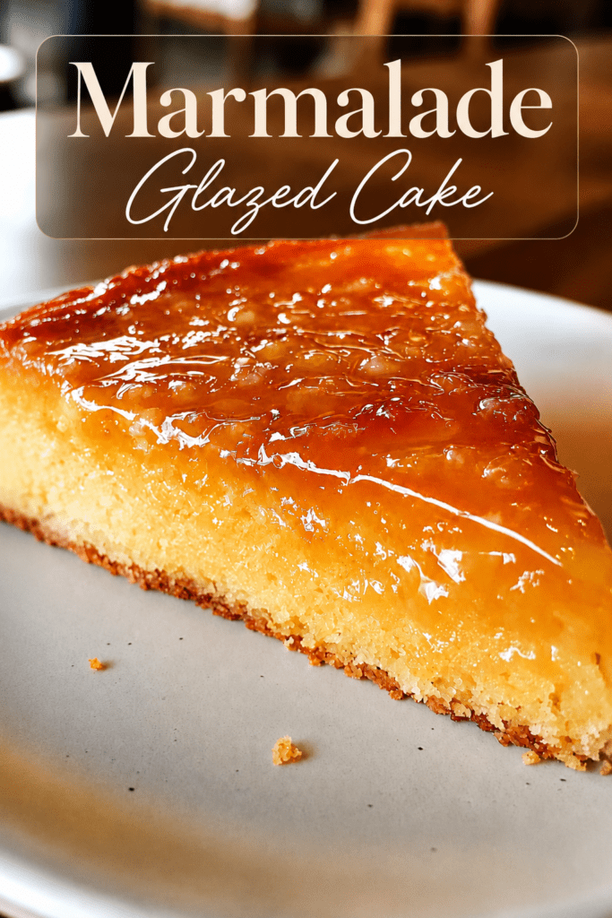 A moist orange marmalade semolina cake sliced on a plate with a glossy citrus topping, golden crumb, orange zest, and a soft syrup-soaked texture.