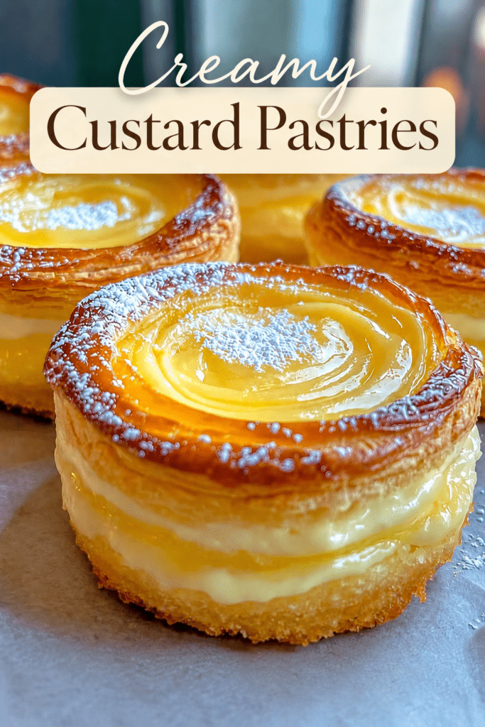Golden lemon custard puff pastry tarts filled with smooth citrus custard, crisp flaky edges, powdered sugar, fresh lemon zest, and glossy lemon curd topping.