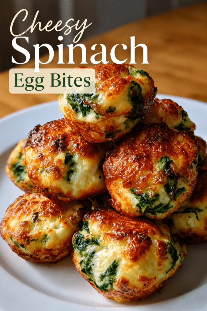 Golden cheesy spinach egg bites baked in a muffin pan with fluffy eggs, melted mozzarella, crumbled feta, chopped spinach, garlic, and fresh parsley.