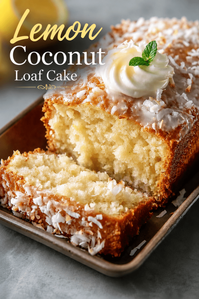 A moist coconut loaf cake sliced on a plate with creamy white glaze, shredded coconut topping, soft tender crumb, whipped cream, and fresh mint garnish.