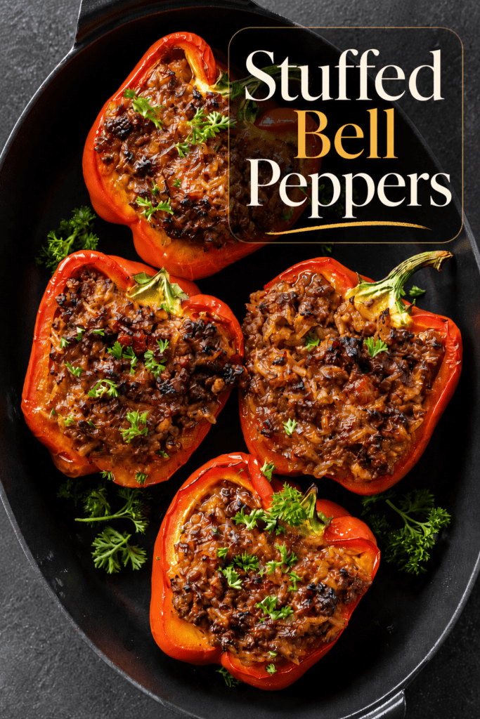 Baked stuffed red bell peppers filled with seasoned ground beef, rice, tomato sauce, herbs, and melted cheese, served hot with fresh parsley on top.