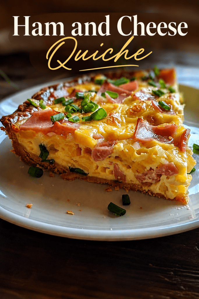 A golden ham and cheese quiche sliced on a plate with creamy egg filling, diced ham, melted cheese, fresh chives, flaky crust, and black pepper on top.
