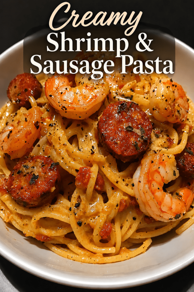 A creamy shrimp and sausage spaghetti dish served hot with tender pink shrimp, browned smoked sausage slices, parmesan cream sauce, fresh parsley, black pepper, and lemon.