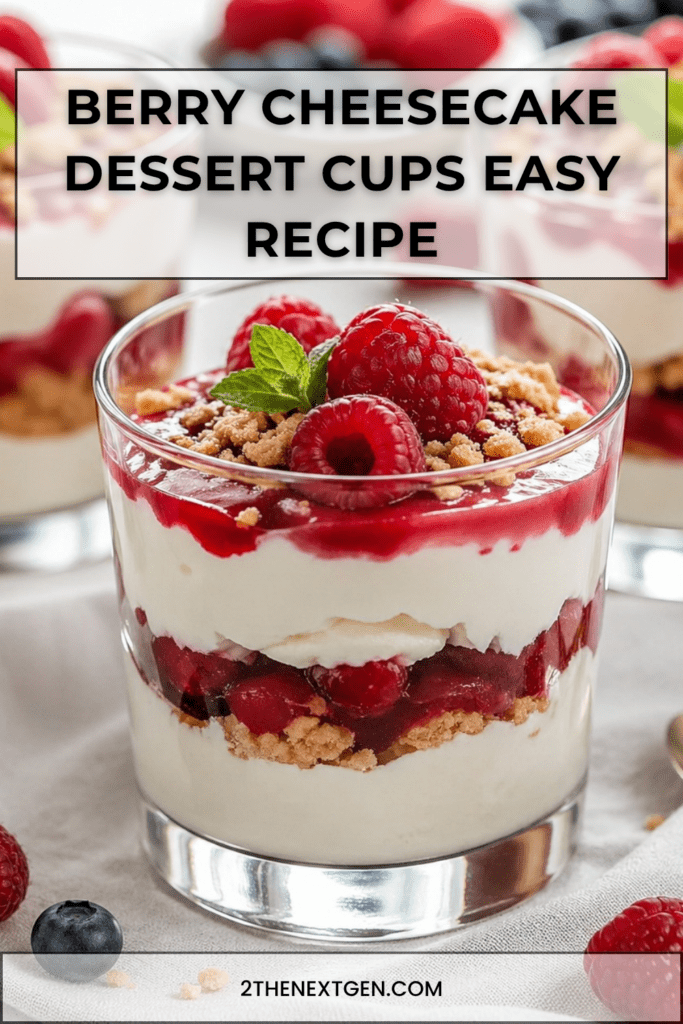 Berry cheesecake dessert cups layered with cream cheese filling, biscuit crumbs, raspberry blueberry sauce, fresh berries, and mint leaves.