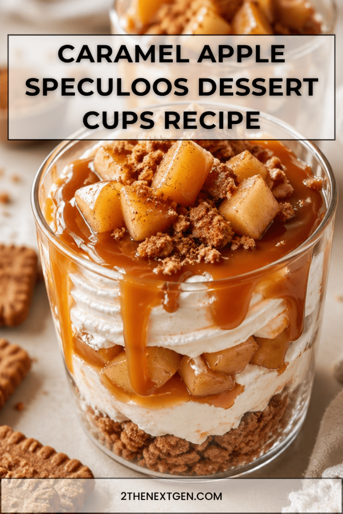 Caramel apple speculoos dessert cups layered with mascarpone cream, caramelized cinnamon apples, crushed Biscoff cookies, and caramel sauce.