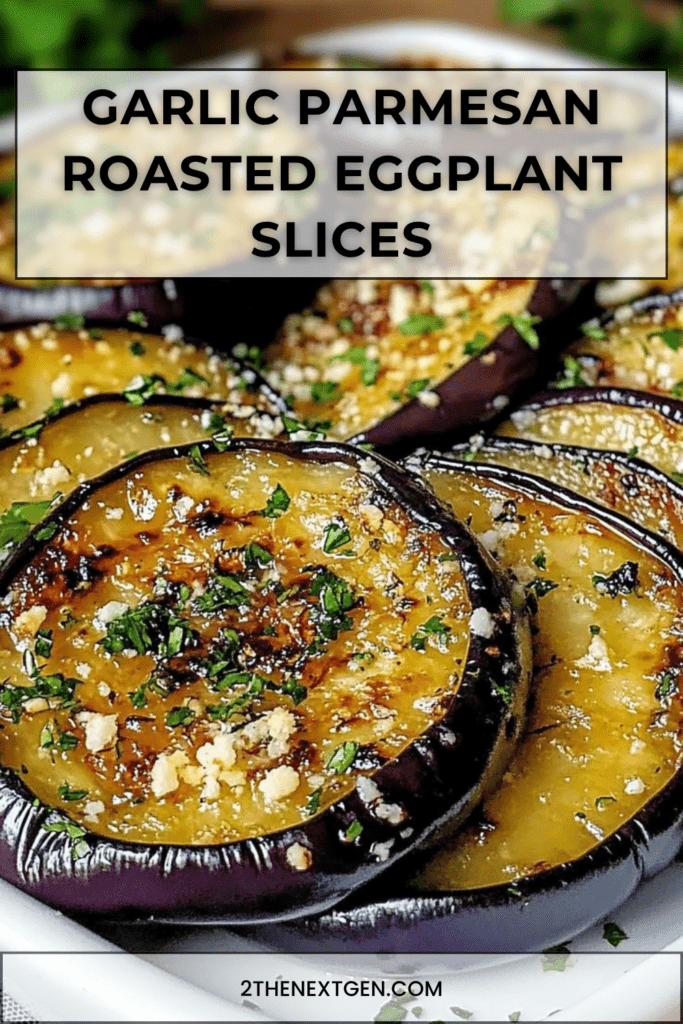 Garlic parmesan roasted eggplant slices served warm with melted parmesan, fresh parsley, golden edges, and a light lemon finish.