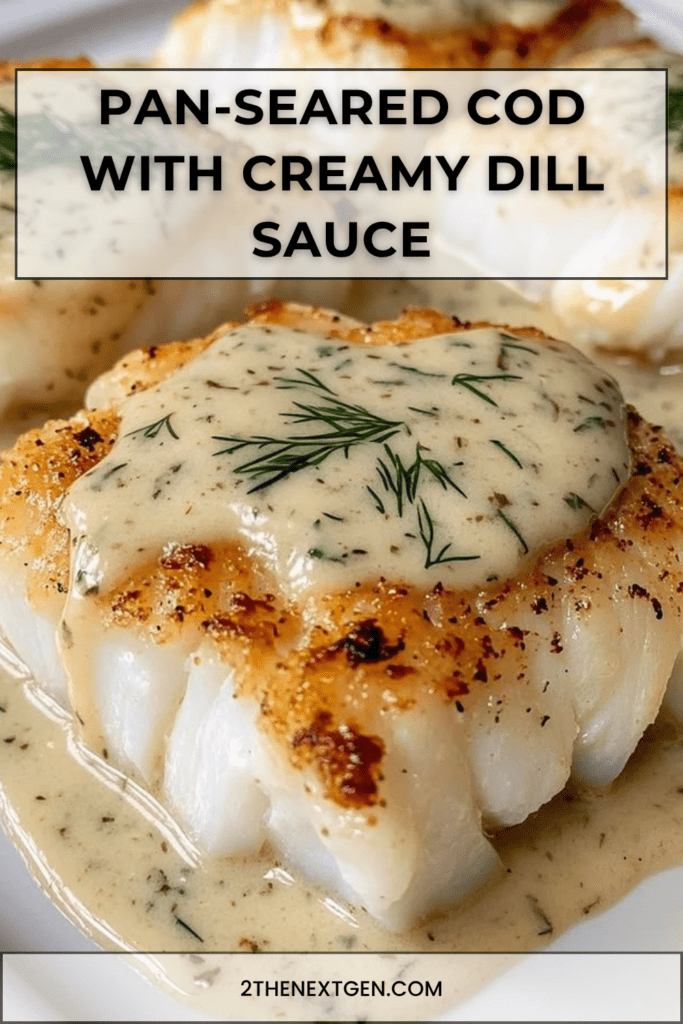 Pan-seared cod fillets served with creamy dill sauce, lemon wedges, fresh dill, black pepper, and roasted potatoes on the side.