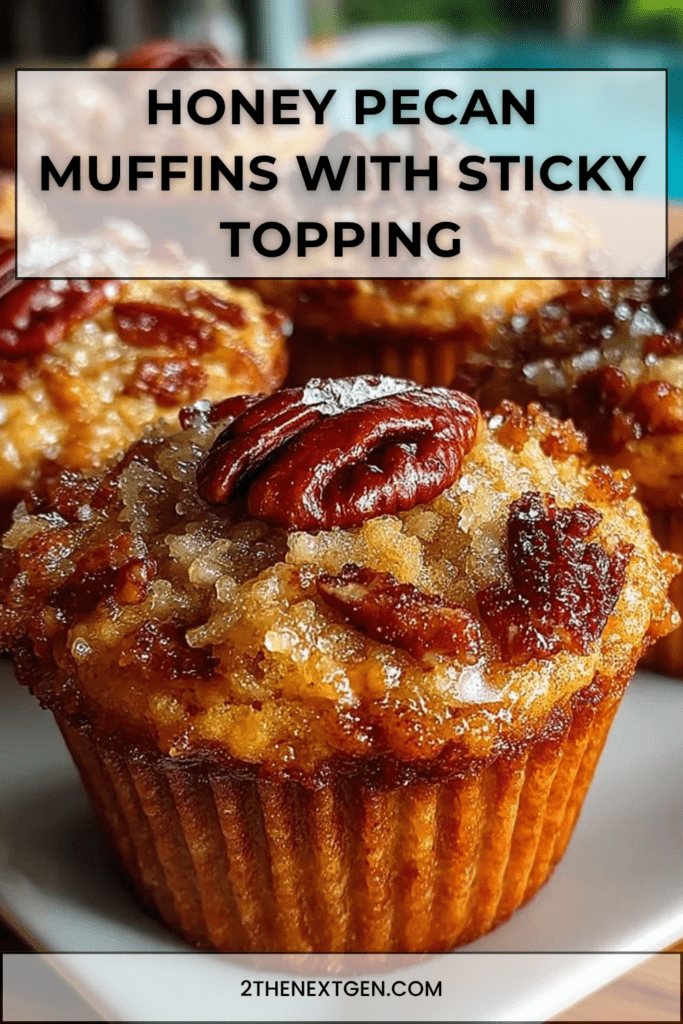 Honey pecan muffins with a sticky pecan topping, golden muffin crumb, glossy honey drizzle, and chopped pecans served with coffee.
