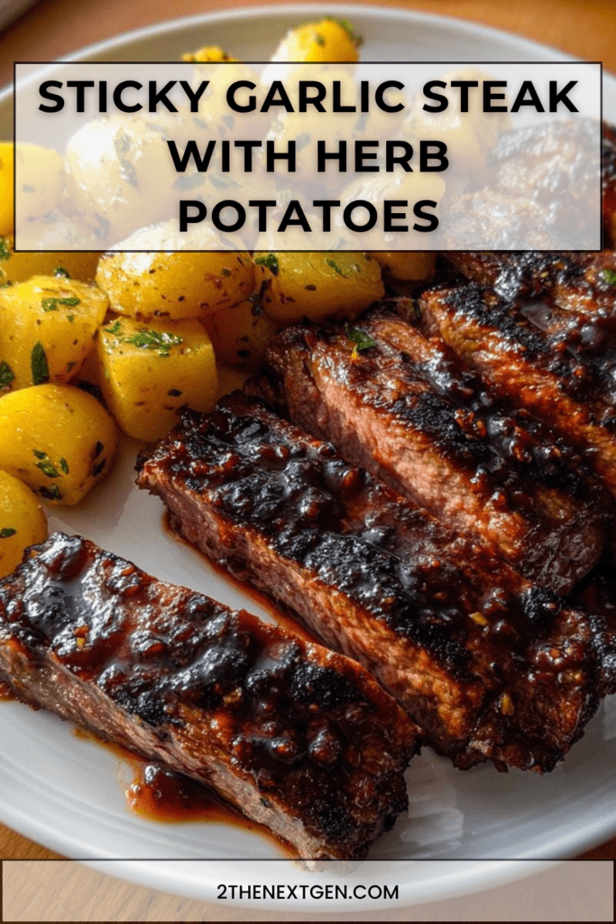 Sticky garlic steak slices served with golden herb potatoes, glossy honey garlic sauce, fresh parsley, and crispy potato edges.
