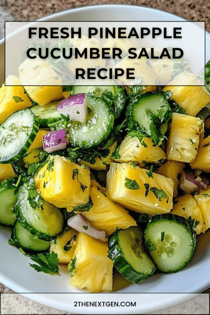 Fresh pineapple cucumber salad with juicy pineapple cubes, cucumber slices, red onion, herbs, lime dressing, and chili flakes in a bowl.