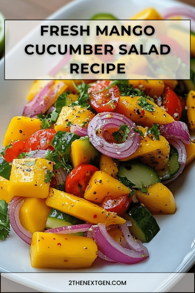 Fresh mango cucumber salad with ripe mango cubes, cucumber, cherry tomatoes, red onion, cilantro, lime dressing, and chili flakes.