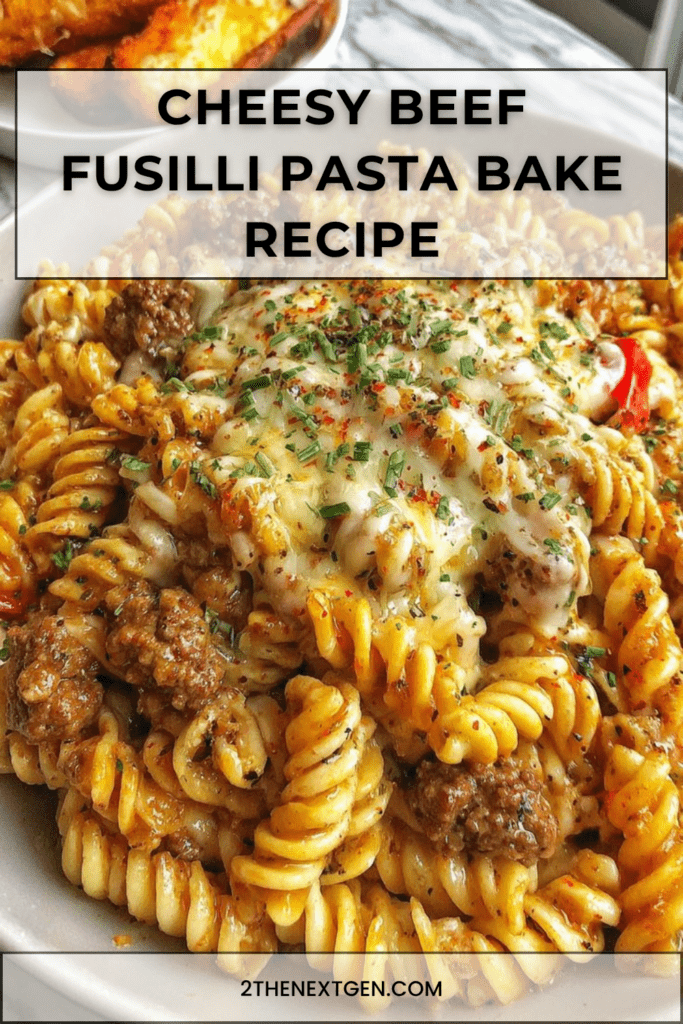 Cheesy beef fusilli pasta bake served hot with melted mozzarella, cheddar, parmesan, rich beef tomato sauce, and fresh parsley.