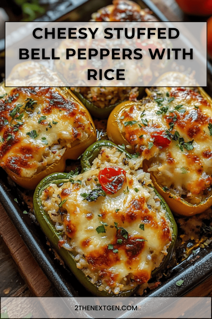 Cheesy stuffed bell peppers filled with rice, ground meat, cherry tomatoes, mozzarella, parmesan, and fresh parsley baked until golden.
