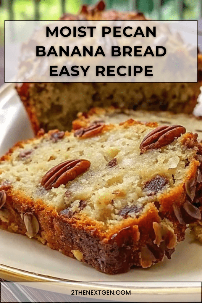 Moist pecan banana bread sliced on a plate with crunchy pecans on top, soft banana crumb, and optional chocolate chips inside.