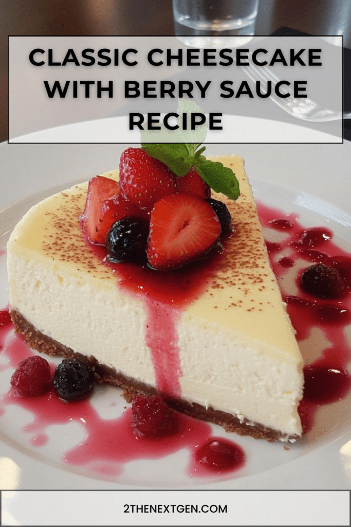 Classic cheesecake topped with homemade berry sauce, fresh strawberries, blueberries, raspberries, mint leaves, and a buttery biscuit crust.