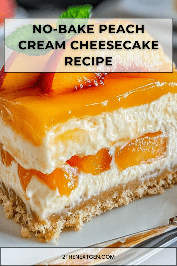 No-bake peach cream cheesecake with a buttery biscuit crust, creamy peach filling, glossy peach topping, peach slices, and mint leaves.