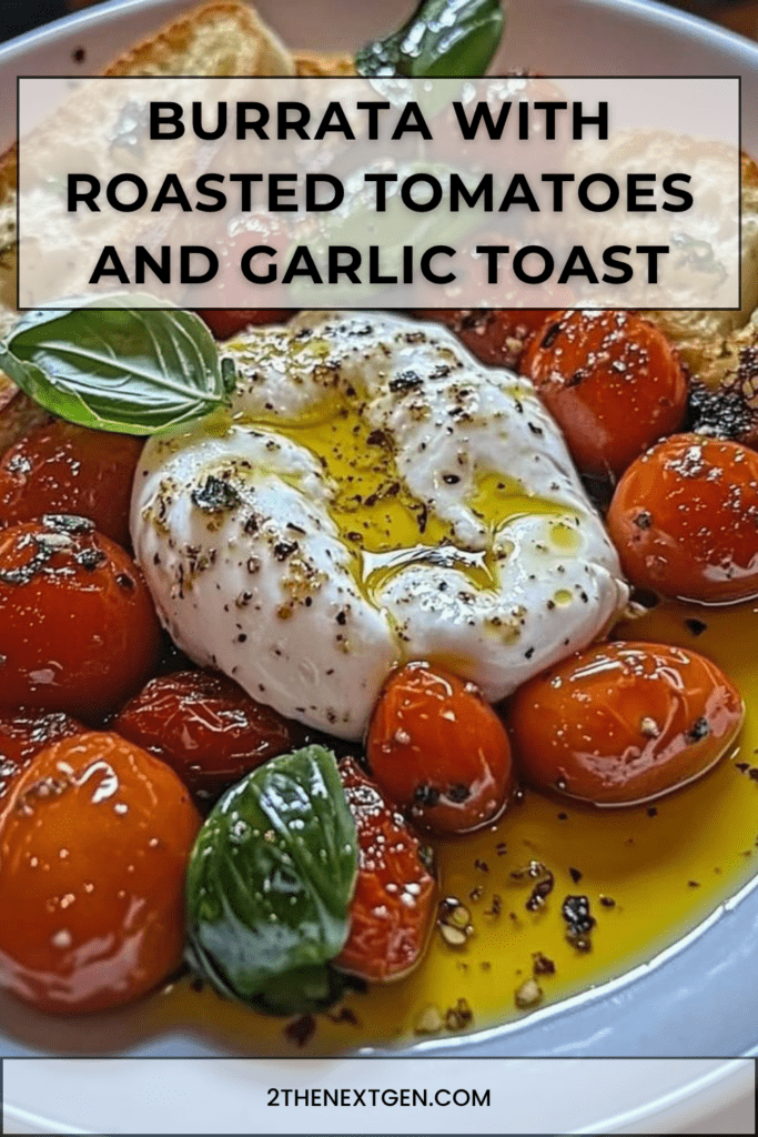 Burrata served with roasted cherry tomatoes, garlic toast, fresh basil, olive oil, flaky sea salt, and black pepper on a plate.