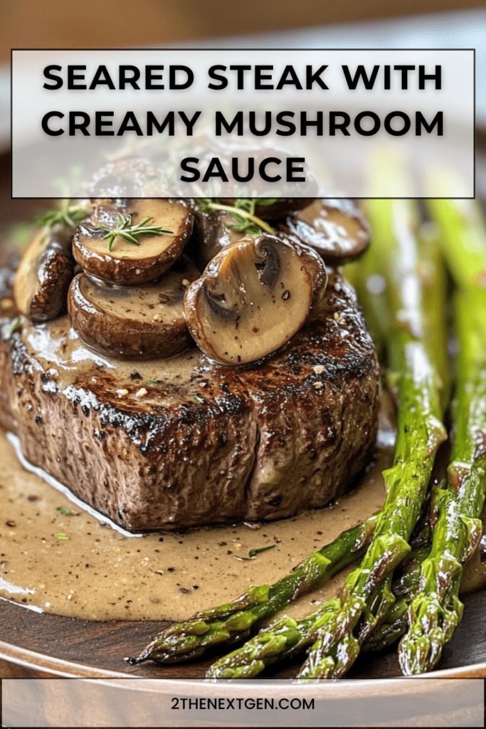 Seared steak served with creamy mushroom sauce, sautéed asparagus, fresh thyme, garlic butter, and cracked black pepper on a plate.