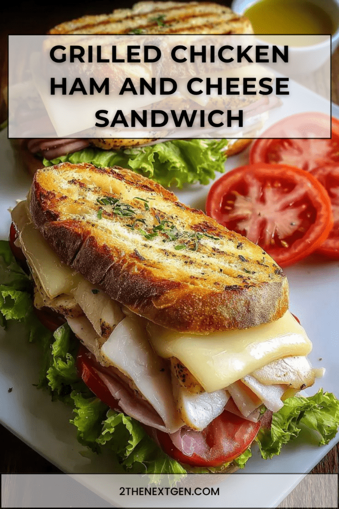 Grilled chicken ham and cheese sandwich with crispy sourdough bread, sliced chicken, ham, melted cheese, lettuce, tomato, and sauce.
