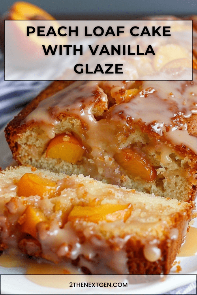 Peach loaf cake with vanilla glaze, sliced peaches on top, soft golden crumb, and diced peach pieces inside, served on a plate.
