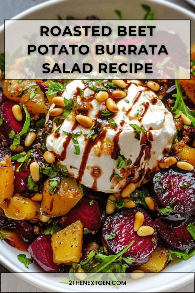 Roasted beet and potato burrata salad with arugula, creamy burrata, toasted pine nuts, balsamic glaze, parsley, and basil.