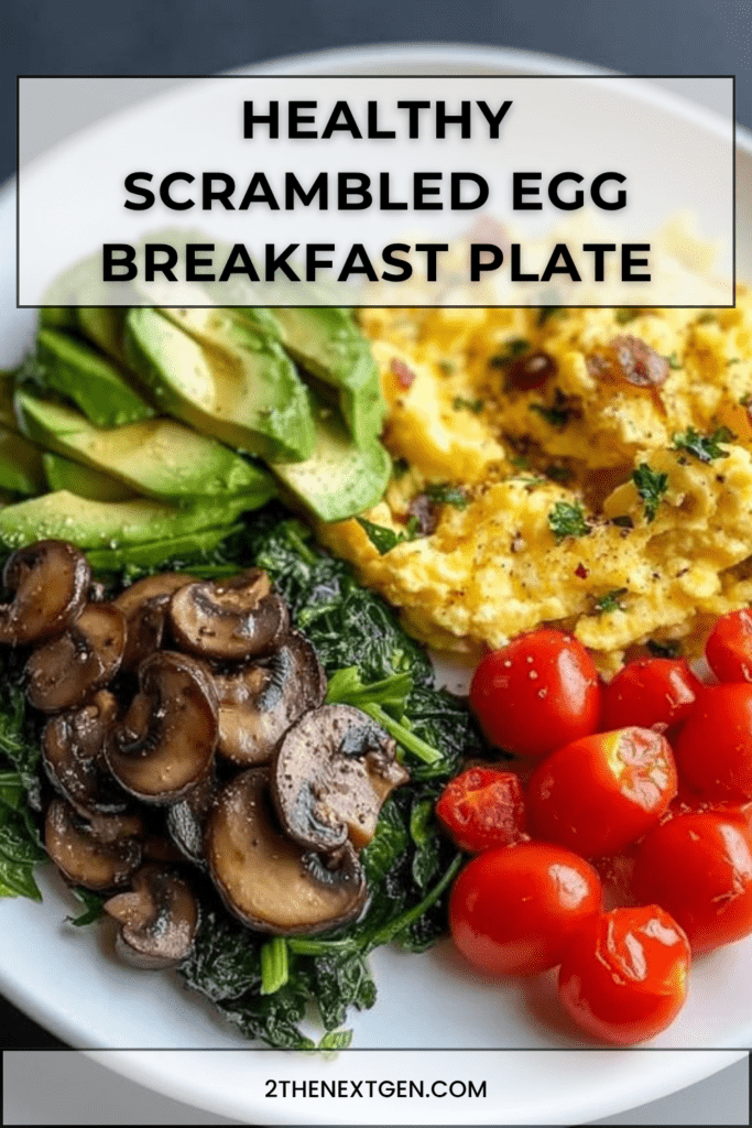 Healthy scrambled egg breakfast plate with creamy scrambled eggs, avocado slices, sautéed mushrooms, spinach, cherry tomatoes, parsley, and chili flakes.