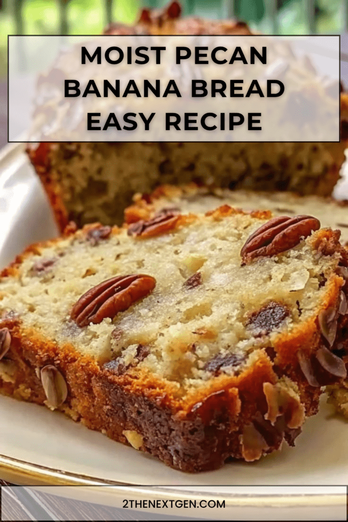 Moist pecan banana bread sliced on a plate with pecan halves on top, soft banana crumb, chopped pecans, and optional chocolate chips inside.