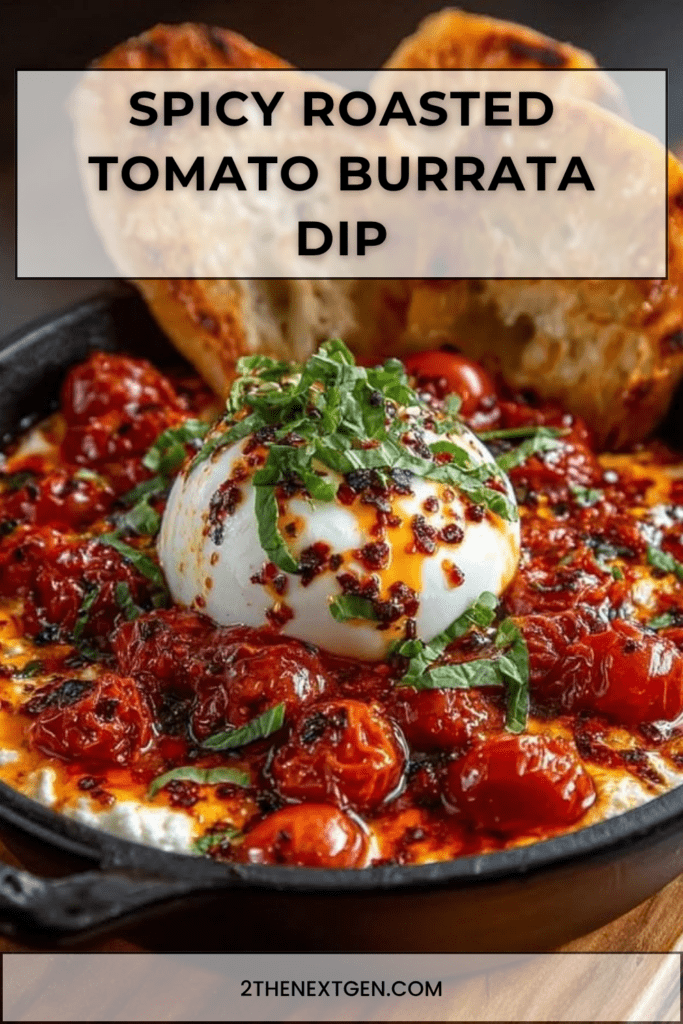 Spicy roasted tomato burrata dip served with blistered cherry tomatoes, creamy burrata, chili oil, fresh basil, and toasted garlic bread.