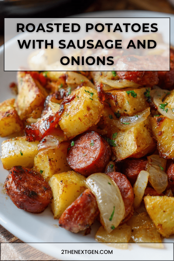 Roasted potatoes with sliced smoked sausage and onions served golden and crispy with garlic, paprika, herbs, and fresh parsley.