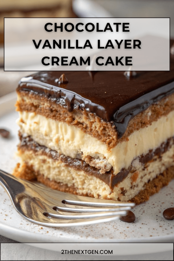 Chocolate vanilla layer cream cake with soft sponge layers, vanilla pastry cream, chocolate cream, glossy ganache, and clean rectangular slices.