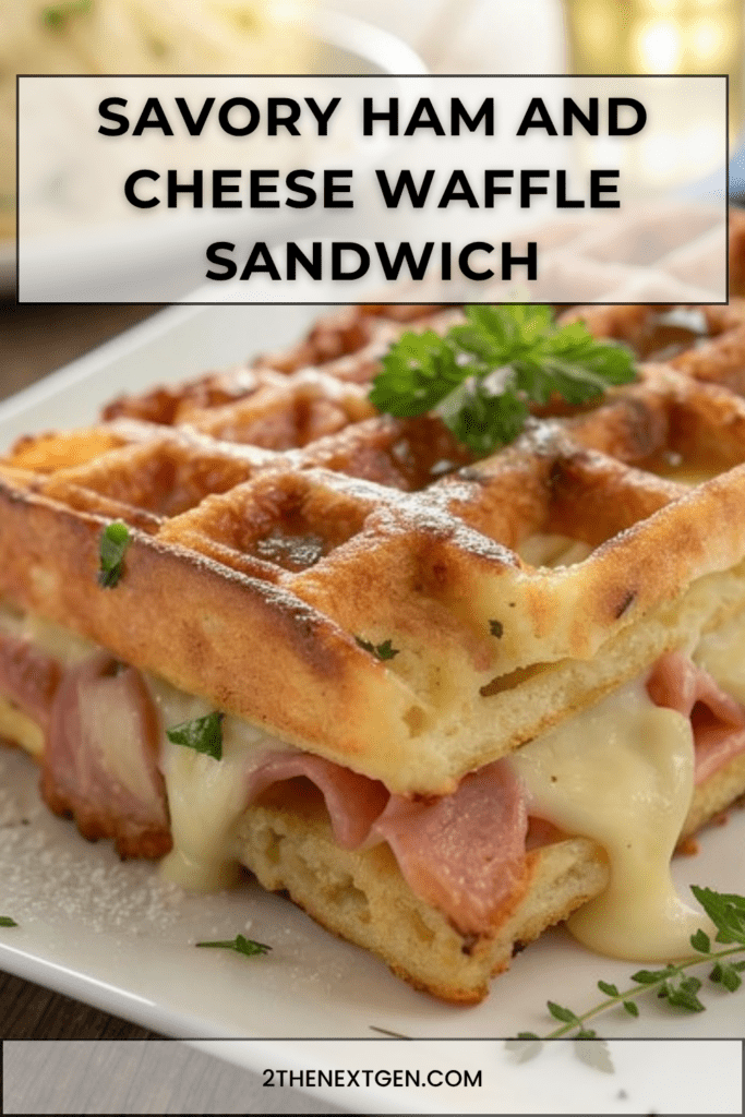 Savory ham and cheese waffle sandwich with golden crispy waffles, melted cheese, sliced ham, parsley, cherry tomatoes, and green salad.